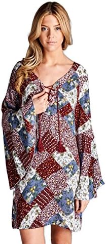 Velzera Multi Floral Patchwork Print Tunic Dress Boho Chic Reg &amp; Plus Size (Small, Red)
