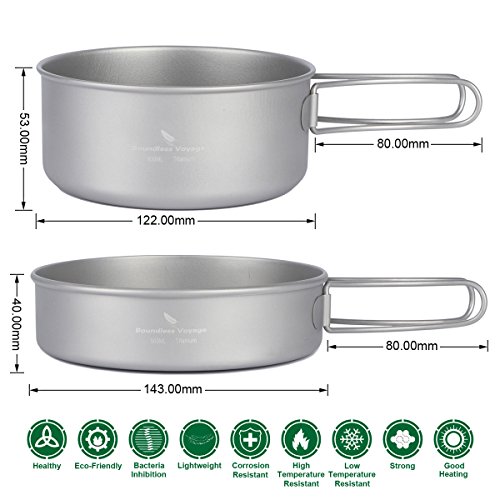 iBasingo Titanium Pot Pan Spoon Spork Mini Stove Sets Outdoor Camping Cooking Sets with Folding Handle Ultralight Portable Dinnerware Cookware Sets for Picnic Travel (Pan & Small Pot (Ti1575I))
