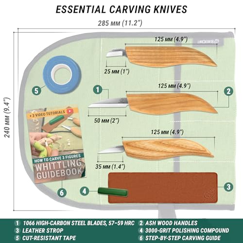 BeaverCraft Wood Carving Knife Kit for Beginners & Kids S15 – Whittling Knives Set with Sloyd, Chip Knife for Carvers – Wood Whittling Kit Includes Carving Tools, Leather Strop, Polishing Compound