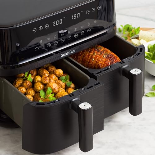 GreenPan Switch Horno Air Fry XL 9 en 1, 2 cestas para freír (2 x 5 L), cesta antiadherente, calentamiento rápido, programas multifunción, apagado automático, pantalla LED, mango tacto frío, Sin PFAS