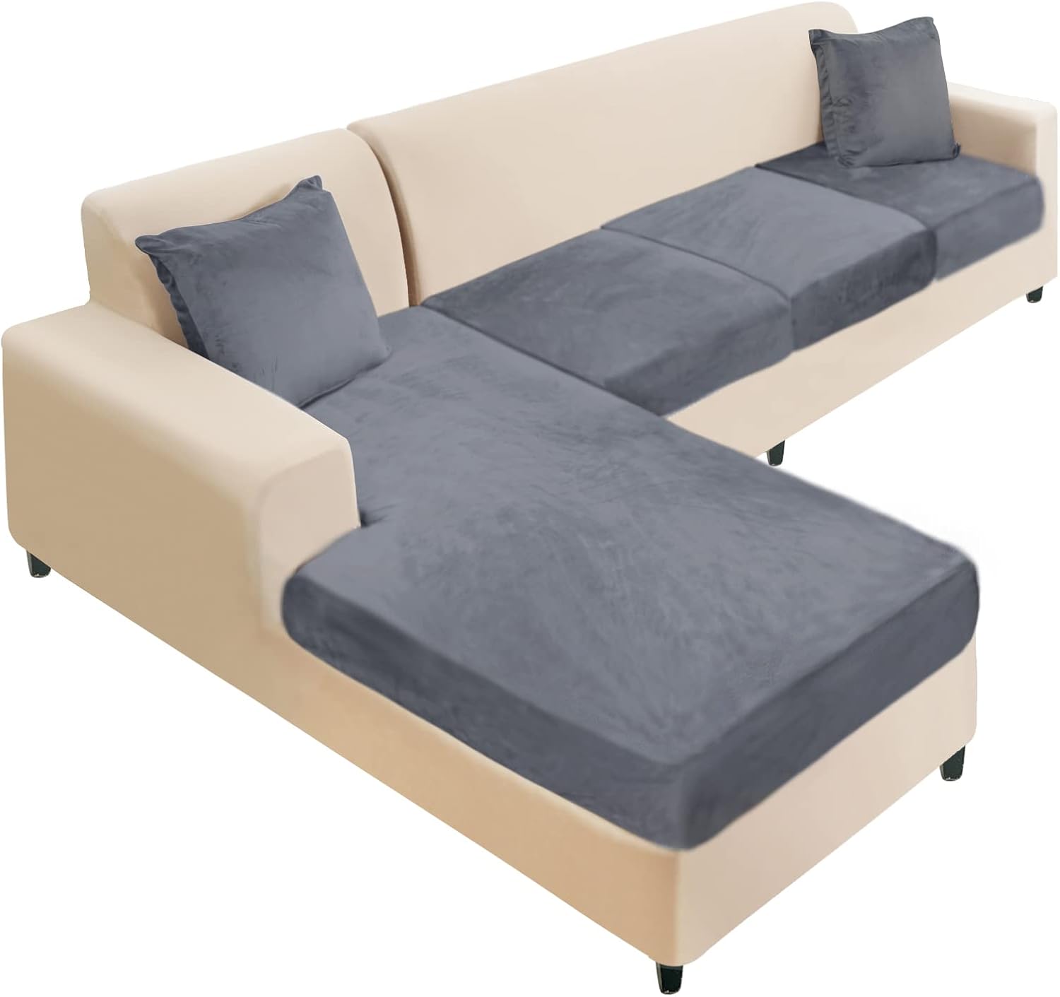 Slipcovers - NAISI Sectional Couch Cover 4 Pieces Velvet Separate Couch Cushion Covers L Shape Soft Stretch Sofa Slipcovers with 2pcs Pillowcases for Left/Right Chaise Sectional Sofa(3 Seater+1 Chaise,Dark Grey)