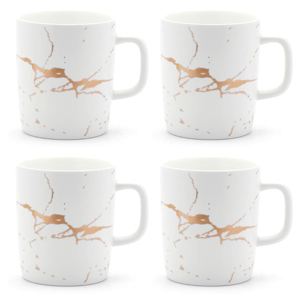 Coffeezone 12 oz Matte Ceramic Marble Tea Coffee Mugs Luxury Gold Inlay (White, 4 Mugs Gold Marble)