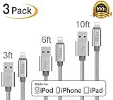 [3Pack]Iphone Cable 3ft 6ft 10ft Durable USB Cable Tangle Free Nylon Braided lightning Sync and Charging Cord for iPhone 6/6s/6 plus/6s plus, 5c/5s/5, iPad Air/Mini,iPod Nano/Touch(Silver)..