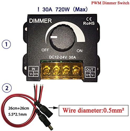 Kabenjee DC 12~24V PWM Dimmer Switch Knob ON/OFF Switch with Black Aluminum Housing,Full Range 0~100% Dimming,Max 30A/720W for LED Strip Lights,Christmas LED Light Decoration Dimmer Switch(Style-A)