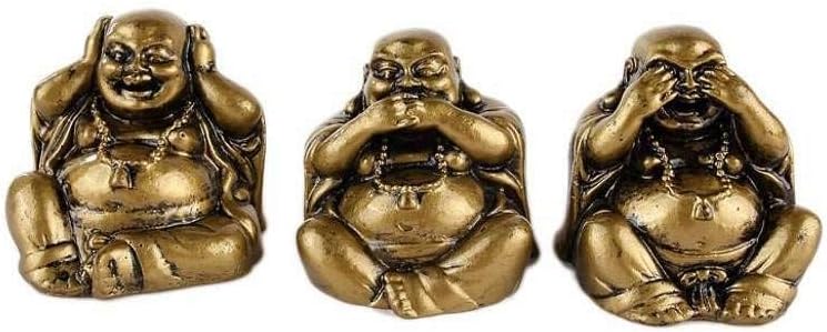 lachineuse, Set of 3 Laughing Wisdom Buddhas, Small Golden Buddhas, Feng Shui Decoration