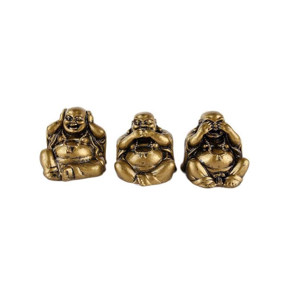 lachineuse - Set of 3 Laughing Wisdom Buddhas - Small Golden Buddhas - Feng Shui Decoration - Chinese Zen Decorative Object for Living Room Office - Chinese Lucky Gift Idea