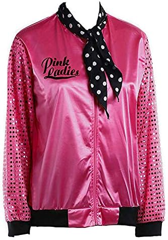 HOMEBABY Womens Zipper Danny Pink Ladies Satin Jacket Costume with Polka Dot Scarf Baseball Uniform Coat