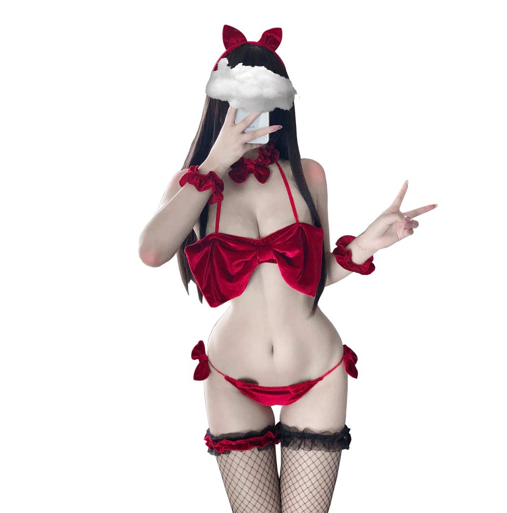SINMIUANIME Bunny Cosplay Lingerie for Women Sexy Bunny Costume Cute Bra and Panty Set, Red, One Size