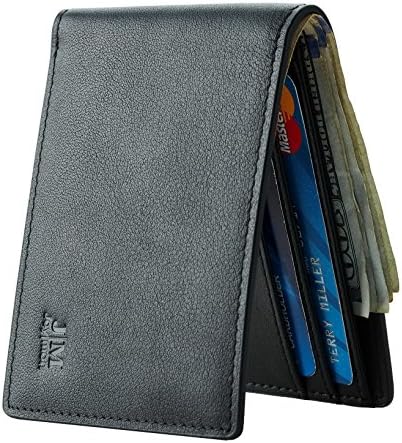 Joymon Mens Slim Minimalist Front Pocket Wallet Genuine Leather ID Window Card Case RFID Blocking (synethic leather black)