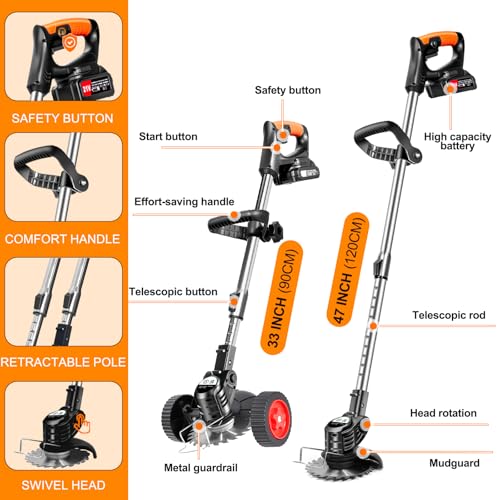 Cordless Weed Wacker Electric Eater Battery Powered with 2 21V Battery Operated, 3 in 1 Stringless Grass Trimmer/Edger/Brush Cutter Wheels Weed Trimmer for Garden Yard