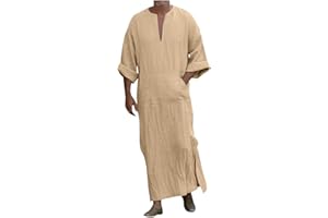 YOUYING Kaftan Thobe Mens Short Sleeve V-Neck Linen Robe Big and Tall Muslim Robe Casual Loose Lightweight Long Sleeping Gown