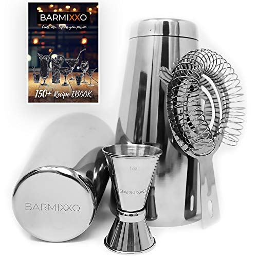 4 Piece Boston Shaker Set By BARMIXXO/150+ Drink Cocktail Recipe (Ebook)/Bartender Tools For Professional and Home Bar/Jigger and Strainer