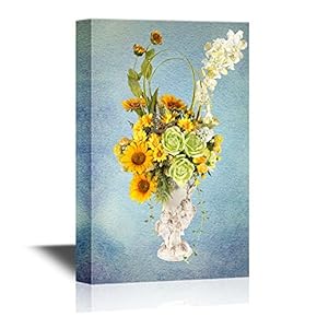 Flowers and Vase Canvas Wall Art - Decoration Artificial Plastic Flower with Vintage Design Vase - Gallery Wrap Modern Home Art | Ready to Hang - 12x18 inches