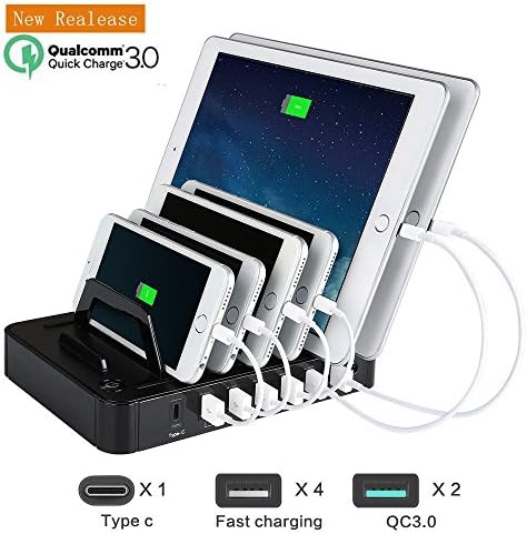 Charging Station, LIKEA 65W QC3.0 Docking Station 7-Port USB Charger Organizer with Type C for Multiple Devices,iPhone,Android phone,Tablets,ipad,Desktop,New Macbook,iWatch & More