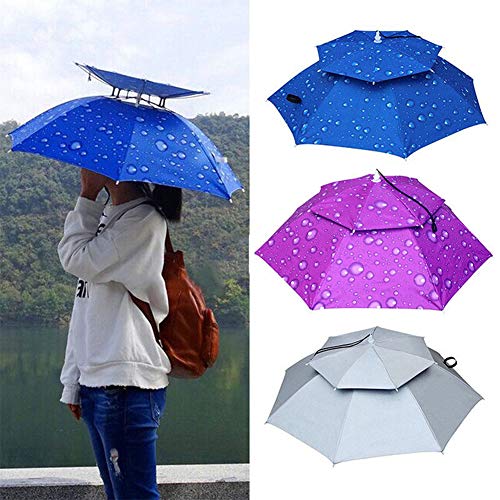 Tubwair Hands Free Fishing Umbrella Hat Double Layer Folding Canopy Vented UV Protection Windproof Waterproof Umbrella Cap Fishing Cycling Hiking Camping Gardening in Outdoor Recreation(Purple)