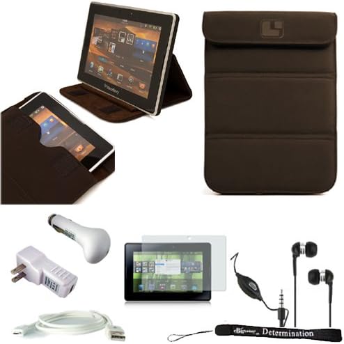 Brown Nubuck Sleeve Smart Stand Convertible Case For Blackberry Playbook Tab + Screen Protector + Car USB Charger + Home USB Charger + USB Sync Cable