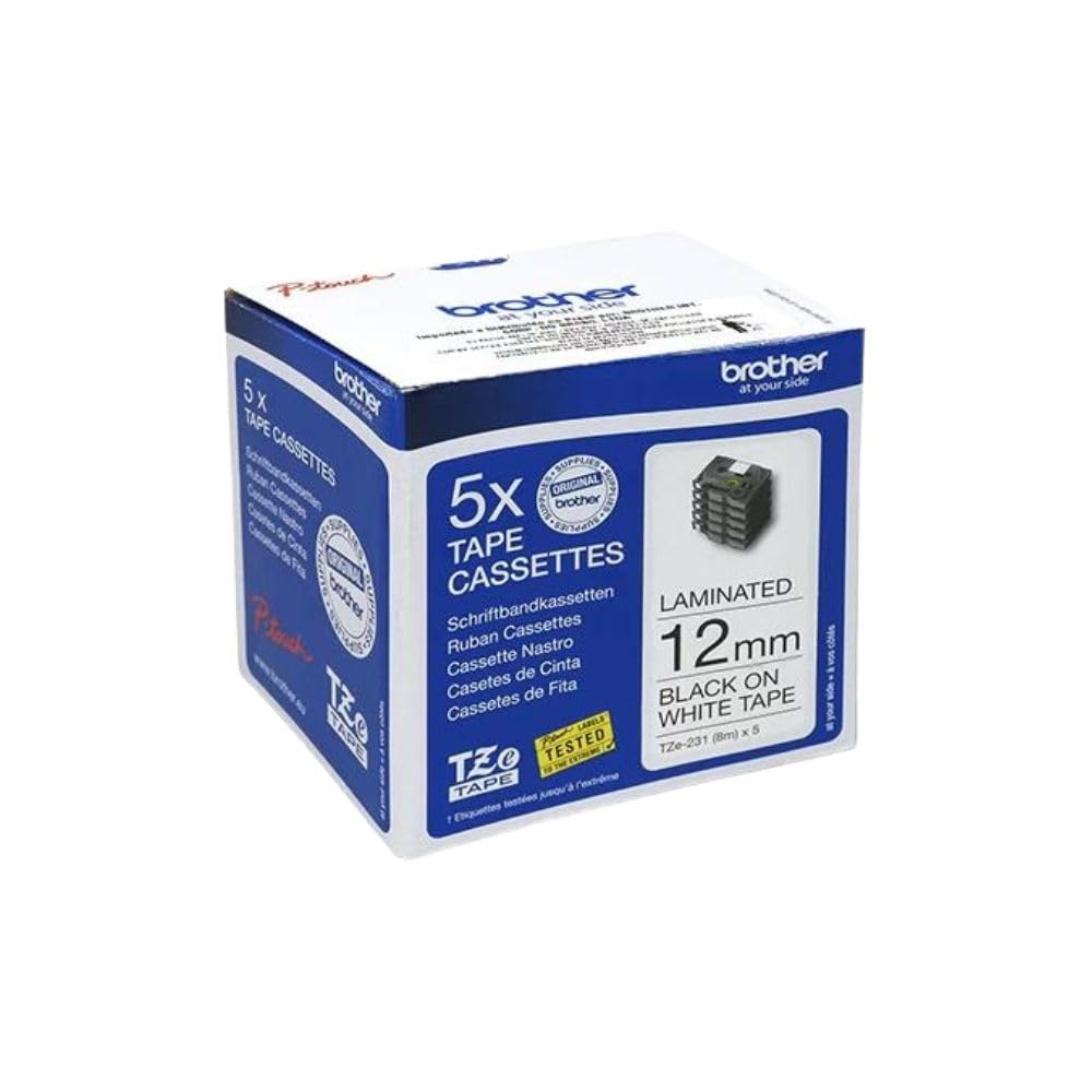 Brother TZe-231 Labelling Tape Cassettes, Black on White, Multi-Pack, Includes 5 x Tapes, Brother Genuine Supplies, 12 mm (Multi-Pack)