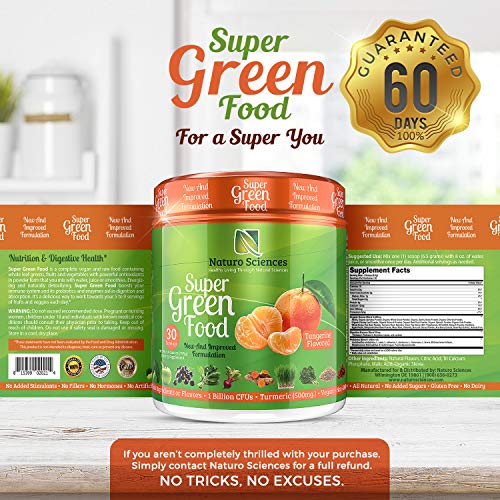 100% Natural Greens Powder, Over 10 Hard to Get Superfoods, Greens Supplement Powder 1 Month's Supply, Green Organic Blend with 1 Billion CFU Probiotics and 500mg Turmeric, Tangerine Flavor, 30 Svgs.