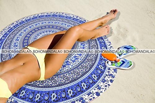 Dark Blue Elephant Design Print Printed Beach Round Roundie Tapestry Towel By Bohomandala