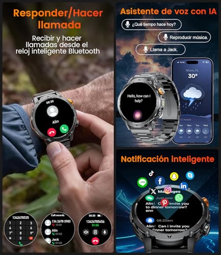 HIRREO EF24 Smartwatch Hombre-Linterna LED, Batería 1000mAh Larga Duración, Pantalla HD 1,85", 100 Modos Deportivos, IP68 Impermeable, Llamadas Bluetooth, 3 Correas, Compatible Android iOS, Negro