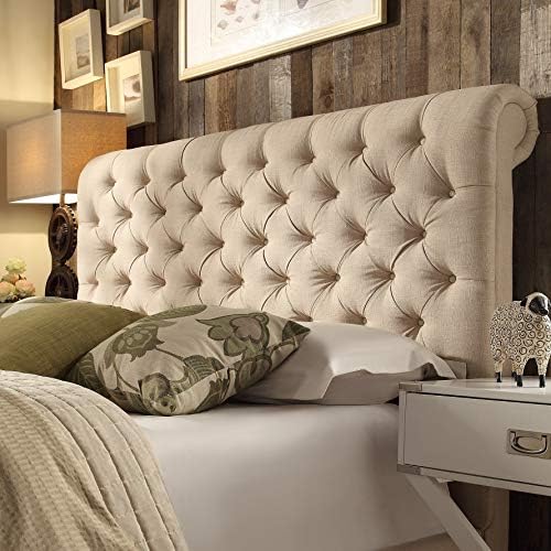Inspire Q Knightsbridge Beige Linen Rolled Top Tufted Csterfield adboard by Artisan Beige N/A King