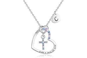 JOVDEY Cross Necklace for Girls | I am a child of God Necklace for Girls | Cross Birthstone Necklace | Heart Letter initial Necklace | 18K White Gold Plated Pendant Jewelry First Communion Baptism Gifts Christmas Birthday Gifts for Girl Women