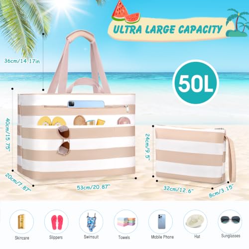 NEWIROVE Beach Bag Women Large Xxl Family Bags Beach with Zip Beach Bag Foldable Bag Travel Lightweight Tote Bag Women for Beach, Travel, Picnic. 50L