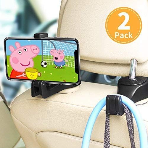 ASANMU Car Headrest Hooks, Vehicle Universal car Back Seat Headrest Hook Hanger with Cellphone Holder for Hanging Bag, Purse, Grocery Headrest Hooks for Car,Car Hooks (Black - 2 Pack)