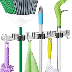 IMILLET Broom and Mop Holder Wall Mounted, Stainless Steel Broom Holder Mop Holder Self Adhesive Heavy Duty Hooks…