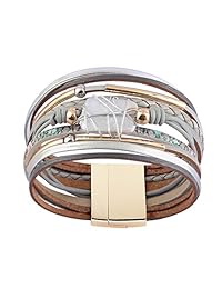 AZORA - Pulsera de piel con múltiples cuerdas y puños metálicos con forma de corazón, para mujeres y adolescentes