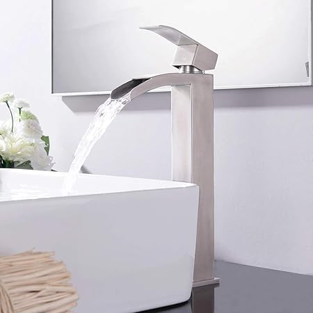 Vccucine Modern Vessel Sink Brushed Nickel Tall Waterfall Bathroom