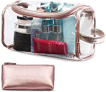 Amzbag Transparent Toiletry Bag Travel Toiletry Organizer Portable Hanging Makeup Bag Dopp Kit & Shaving Cosmetic Bag for Women(Clear/Rose Gold)