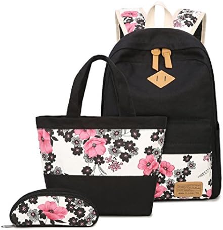 Wesell 3 in 1 Teens Backpack Set Canvas Girls School Bags, Bookbags Mommy Backpack (FLOWER)