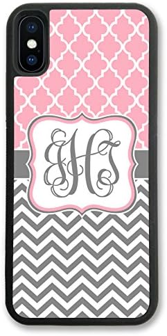 iPhone X Case Pink Lattice Grey Chevron Monogram - Monogrammed Personalized - Hard Rubber Case iPhone 10 Case (4.7 inch) by Simply Customized