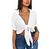 GOBLES Womens Summer Short Sleeve Shirts V Neck Tie Knot Batwing Blouses Tops