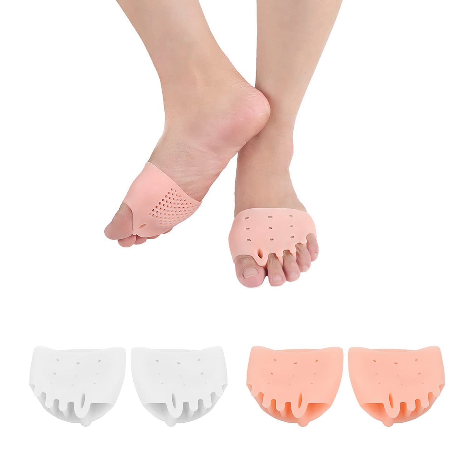 2 Pairs of Metatarsal Pads, Shock Absorbing Silicone Pads, Five-Hole Split Toe Forefoot Pads, Unisex Breathable Foot Pads, Relieve Bunion, Metatarsal Pain, Mortons Neuroma, Forefoot Pain