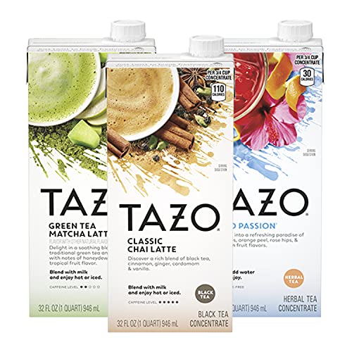 TAZO CLASSIC CHAI LATTE, BLACK TEA CONCENTRATE, EASY-TO-SERVE CAFFEINATED CHAI TEA FOR EVERYDAY LATTES, MOCKTAILS AND HOT OR ICED, 32 OZ CARTON