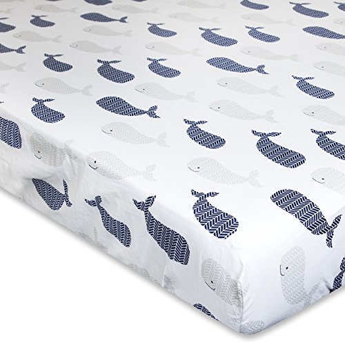 Wendy Bellissimo Nursery Bedding Baby Crib Bedding Fitted Sheet 200 Thread Count - Whale, Navy/White