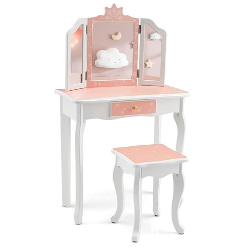 Costzon Kids Vanity Table and Chair Set, Girls Vanity Set with Mirror and  Stool, Storage Drawer, Wooden Prince