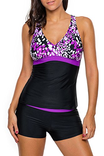 Chase Secret Womens Print Tankini Tops Two Piece Swimsuit with Short X-Large Purple