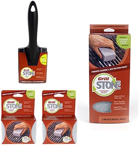GrillStone Grill Cleaner Starter Set, with Handle and Two Blocks, and 3-Pack GrillStone Refill