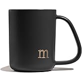 COLLECTIVE HOME - Ergonomic Handle Ceramic Mug, 15 oz Personalized Coffee Cup with Golden Initial, Microwave & Dishwasher Safe, Elegant Monogram Tea Mug in Gift Box for Home & Office (Black-m)