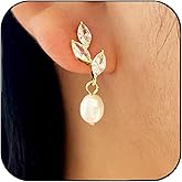 Pearl Drop Earrings Leaves Cubic Zirconia Earrings Dangle for Women Gold Marquise CZ Bridesmaid Earrings for Wedding Jewelry Hypoallergenic