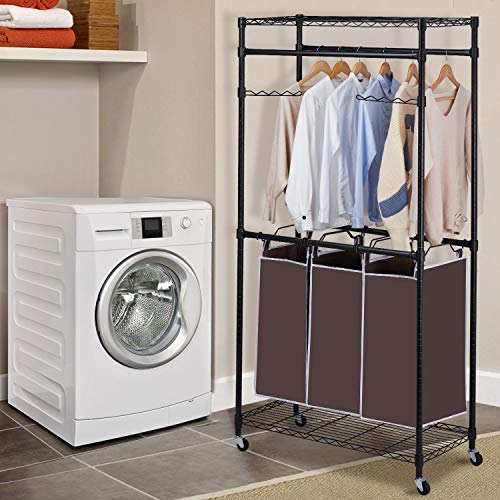 alvorog Garment Rack Rolling Laundry Sorter Cart Heavy-Duty Sorting Hamper Commercial Grade Clothes Rack with 2 Hanging Rod Adjustable Height Shelves 3 Removable Bags for Laundry Room, Black