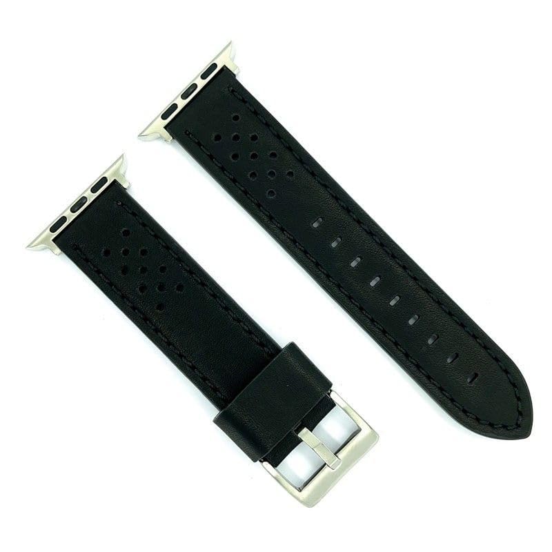 Racing leather strap black with colored stitching compatible with Apple Watch – Series 1 2 3 4 5 6 7 8 9 SE SE2 Ultra – 38mm 40mm 41mm 42mm 44mm 45mm 49mm – Ref AWP398 Black-Steel Adapter