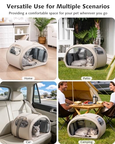 Pecute Casa Refrigerante para Gatos y Perros Pequeños, Caseta Fresca con 6 Cajas de Gel Reutilizables, Alfombrilla Refrigerante, Ventana Transparente Plegable, Tamaño M <6kg para Interior, Beige.