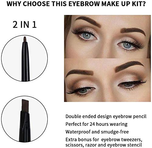 7Pcs Eyebrow Pencil Dark Brown,Waterproof Eyebrow Pencil Set,Eyebrow Definer Smudge-Proof,with Eyebrow Stencil Tweezer Razor Set