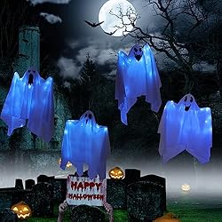 CCINEE 4Pack Halloween Hanging Ghosts with Blue