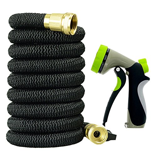 50 FT Water Hose expandable, Heavy Duty 50 FT Garden Hose with Zinc Alloy 8 Functions Spray Nozzle, 3/4 Solid Brass Fittings, Triple Latex Core and Shut-off Valve