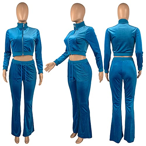 TWO PIECE PANTS OUTFITS FOR WOMEN VELOUR LONG SLEEVE ZIP UP CROP TOPS JACKETS AND FLARED LONG PANT SETS LIGHT BLUE S